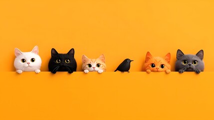 Whimsical doodle style cat characters peeking out against a vibrant orange backdrop