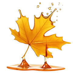 Autumn maple leaf dripping honey, black background, fall season, food label