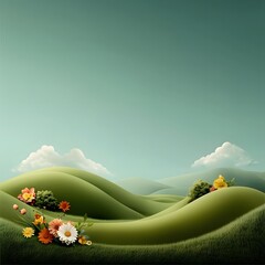 Whimsical fairytale esque countryside vista with verdant hills and blooming floral fields