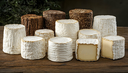 Assortment of Cylindrical and Cubed Cheeses on Rustic Wooden Sur