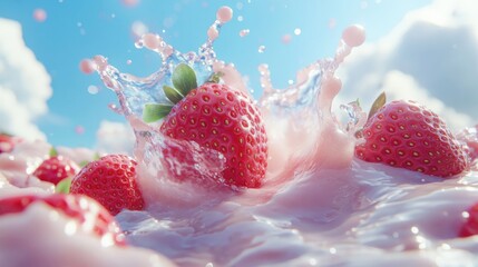 Food shot, Super wide Angle, strawberry juice waterfall splash, milk liquid explosion, 2-3 delicate strawberries, against a bright blue sky background.