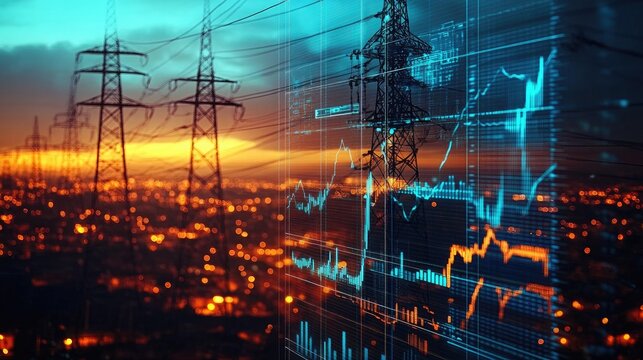 Electricity Pylons with Digital Grid Overlay, Urban Cityscape with Bokeh Lights
