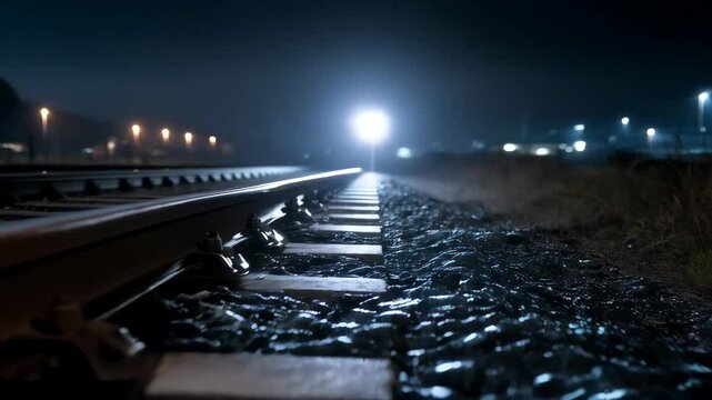 Train tracks disappearing into the night with a bright headlight approaching at a distance on a dark, misty evening