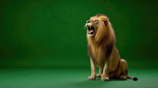 Full body shot, side of lion sit and roaring. Pure green screen background. Clean lighting.
