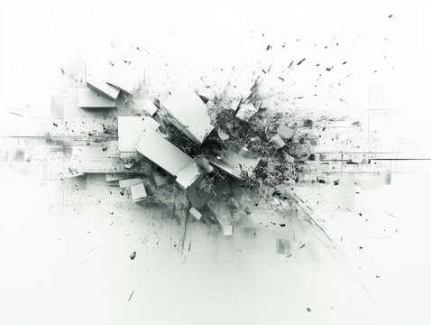 Abstract Monochrome Geometric Explosion White and Gray Shapes on White Background