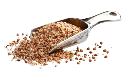 Chopped nuts in a scoop on a white background. Food photography for recipe blogs or packaging