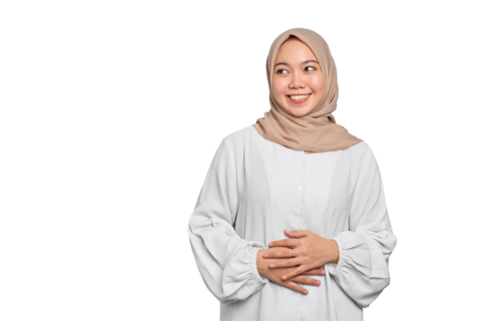 Portrait of Asian Muslim woman keep hands on the stomach feeling hungry and want to eat delicious isolated on transparent background