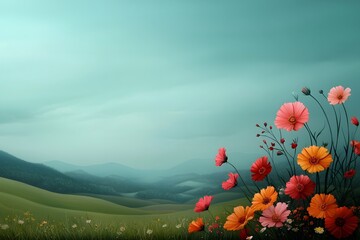 Whimsical pastel landscape with vibrant wildflower meadow
