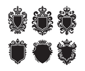 Set of Black and white silhouette of a decorative ornamental emblem, royal vintage crest shield, crown heraldry victorian elegant luxury frame vector illustration isolated on a white background