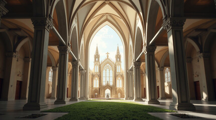 Fototapeta premium Precise architectural color photograph of a dreamlike Easter card, featuring sharp lines, detailed structures, wide angles, and gentle color contrasts for an ethereal atmosphere. Easter greetings.jpg