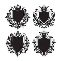 Set of Black and white silhouette of a decorative ornamental emblem, royal vintage crest shield, crown heraldry victorian elegant luxury frame vector illustration isolated on a white background