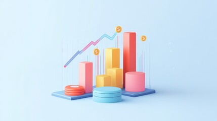 3D pastel-colored bar graph illustrating upward financial growth trend.  Coins symbolize profit increase