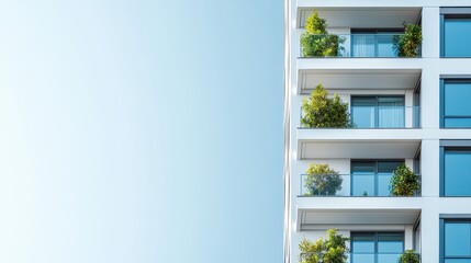 Modern white building with green plants on balconies against a clear blue sky. Use it for real estate, architecture, or urban development related projects.