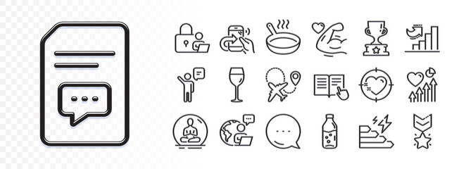 Fototapeta premium Heart target, Frying pan and Winner medal line icons for web app. Glare of light effect. Message icon. Pack of Wine glass, Airplane, Winner cup pictogram icons. Lock, Yoga, Growth chart signs. Vector