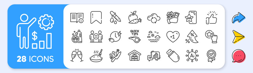 Wholesale goods, Cloud sync and Technical info line icons. Interest rate, AI generate, Inflation icons. Pack of Charging time, Pet shampoo, Apple carrot icon. Vector