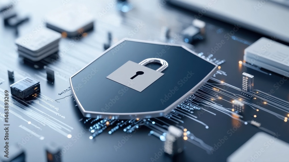 Poster cybersecurity digital shield on futuristic circuit board background cybersecurity shield digital ai