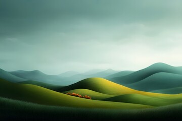 Idyllic pastel landscape of rolling hills and lush meadows