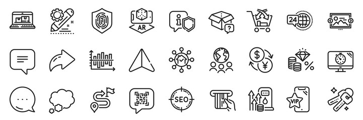 Web inventory, Currency exchange and Text message line icons pack. Share, Message, Paper plane icons. Diagram chart, Keys, Shield web icon. Global business, Vip phone, Fuel price pictogram. Vector