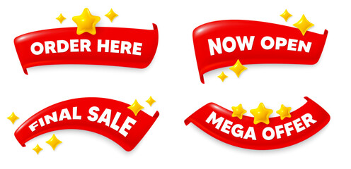 Order here flag ribbon. Mega discount, Final sale, Now open. Order here. Buy now announce sign. Business offer symbol. Red flag ribbon banners. Promo offer tags. Vector