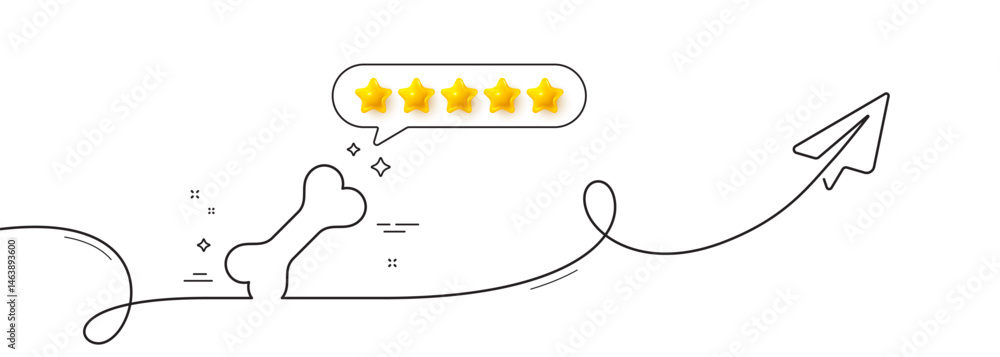 Poster dog bone line icon. continuous line with share plane. pets food sign. pet feeding symbol. five star 