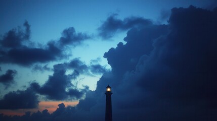 Illuminated Lighthouse Against Dramatic Cloudscape at Dusk