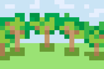 pixel horizontal background with trees against the sky. park or forest conceptual game in pixel art style, in primitive square blocks