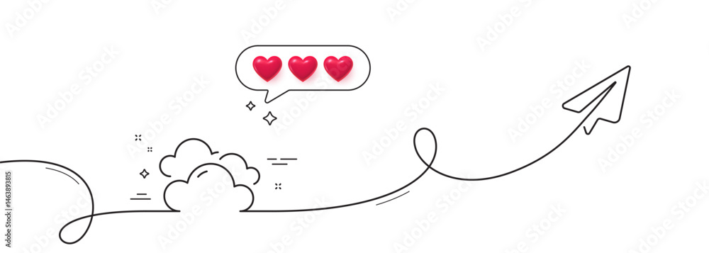Poster cloudy weather line icon. continuous line with share plane. clouds sign. sky symbol. hearts rate rev