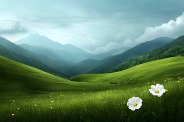 Idyllic pastoral landscape with rolling hills and wildflowers