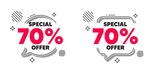 Naklejka premium Discount chat speech bubble. Social media concept. 70 percent discount offer tag. Sale price promo sign. Special offer symbol. Line design chat bubble. Vector