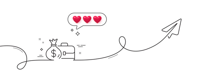 Fototapeta na wymiar Business case line icon. Continuous line with share plane. Portfolio and Salary symbol. Diplomat with Money bag sign. Hearts rate review in speech bubble. Salary single line ribbon. Vector
