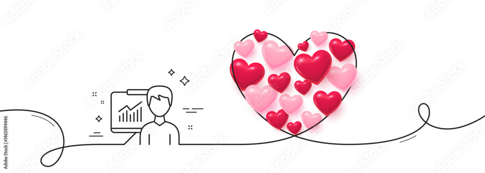Poster presentation line icon. continuous line big heart. education board sign. lecture with charts symbol.