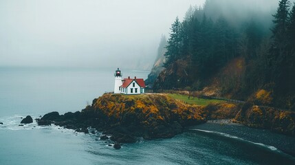 Fototapeta premium Coastal Lighthouse in Misty Seascape