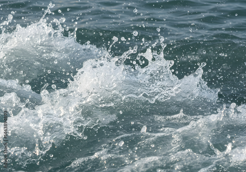 Poster dynamic photo of splashing water waves in motion with blue ocean background