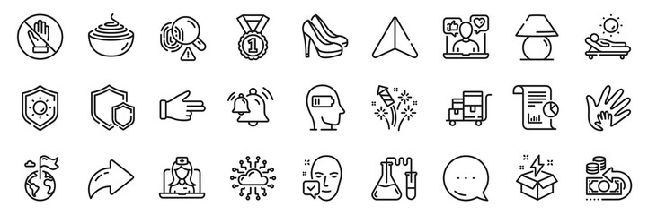 Fototapeta na wymiar Creative idea, Social responsibility and Fireworks rocket line icons pack. Share, Message, Paper plane icons. Bell, Telemedicine, Pasta web icon. Corrupt, Click hand, Chemistry lab pictogram. Vector