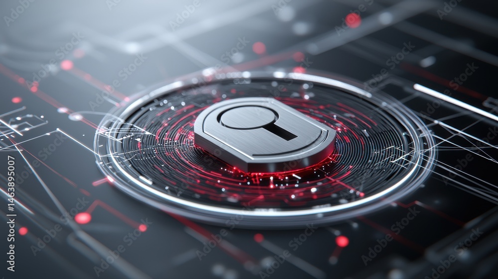 Poster digital security lock on circuit board - cybersecurity and data protection concept cybersecurity red