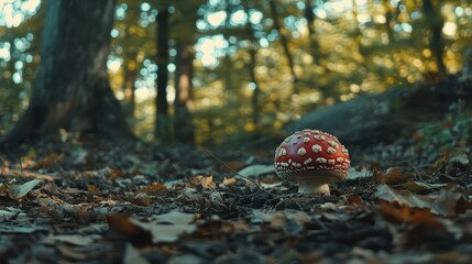 Amanita mushroom grows amongst forest floor leaves, with trees blurred behind. For projects about nature, mushrooms, fairy tales, or autumn season themes.