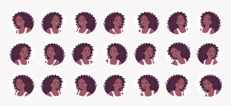 African American woman curly afro hairstyle, female avatar portrait set, modern attractive cool girl bundle. Feelings, face emotion icons, player character mood, user pic circles. Vector illustration