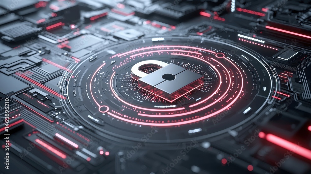 Poster cyber security concept: digital padlock on circuit board with glowing red lines padlock digital data