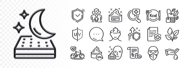 Wash hands, Medical prescription and Improving safety line icons for web app. Glare of light effect. Message icon. Pack of Uv protection, Mattress, Medical analyzes pictogram icons. Vector
