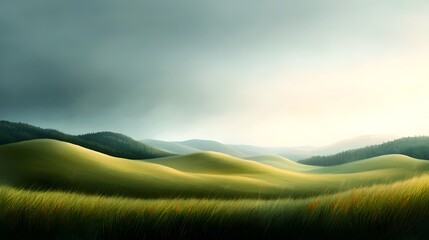 Peaceful pastel landscape of rolling hills and lush meadows