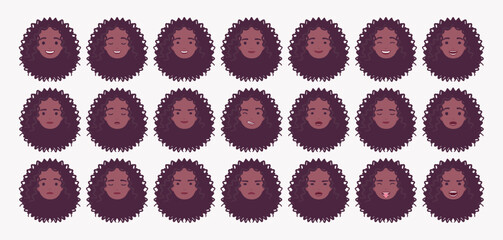 African American woman curly afro hairstyle emotion set, cute girl feelings bundle portrait icons, emotional states, eye gaze, male facial expression pic, smiles, frowns, grimaces. Vector illustration