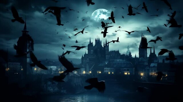 Gothic Horror City: Raven Swarm, Haunted Castle & Full Moon Night. Dark Fantasy Animation for Halloween or Vampire Lair Intro. 4K. 