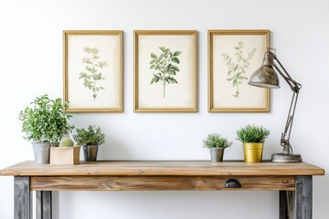 Framed Botanical Prints On Wooden Table With Plants