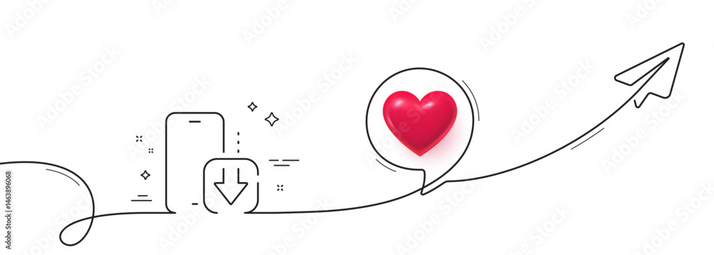 Poster phone download line icon. continuous line with share plane. smartphone app sign. cellphone mobile de