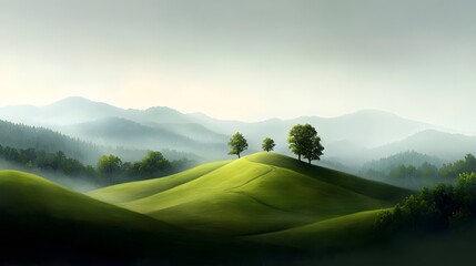Peaceful pastel landscape with rolling hills and lush meadows
