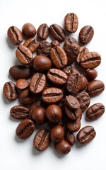 Obraz premium Roasted Coffee Beans with Green Leaves on White Background