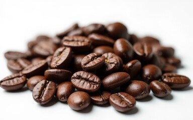 Naklejka premium Roasted Coffee Beans with Green Leaves on White Background