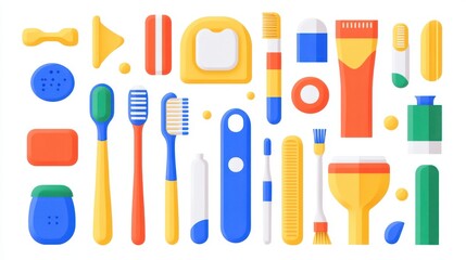 Colorful assortment of personal hygiene products arranged on a white background in a flat lay style
