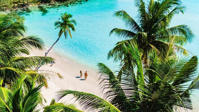 Amidst swaying palm trees and soft white sands, a couple leisurely walks along the pristine beaches of Koh Kood. The turquoise waters sparkle under the warm sun, creating a perfect tropical getaway.