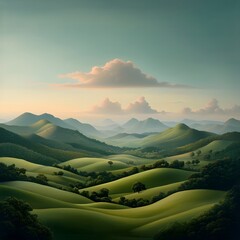 Peaceful rolling countryside with lush green hills and meadows